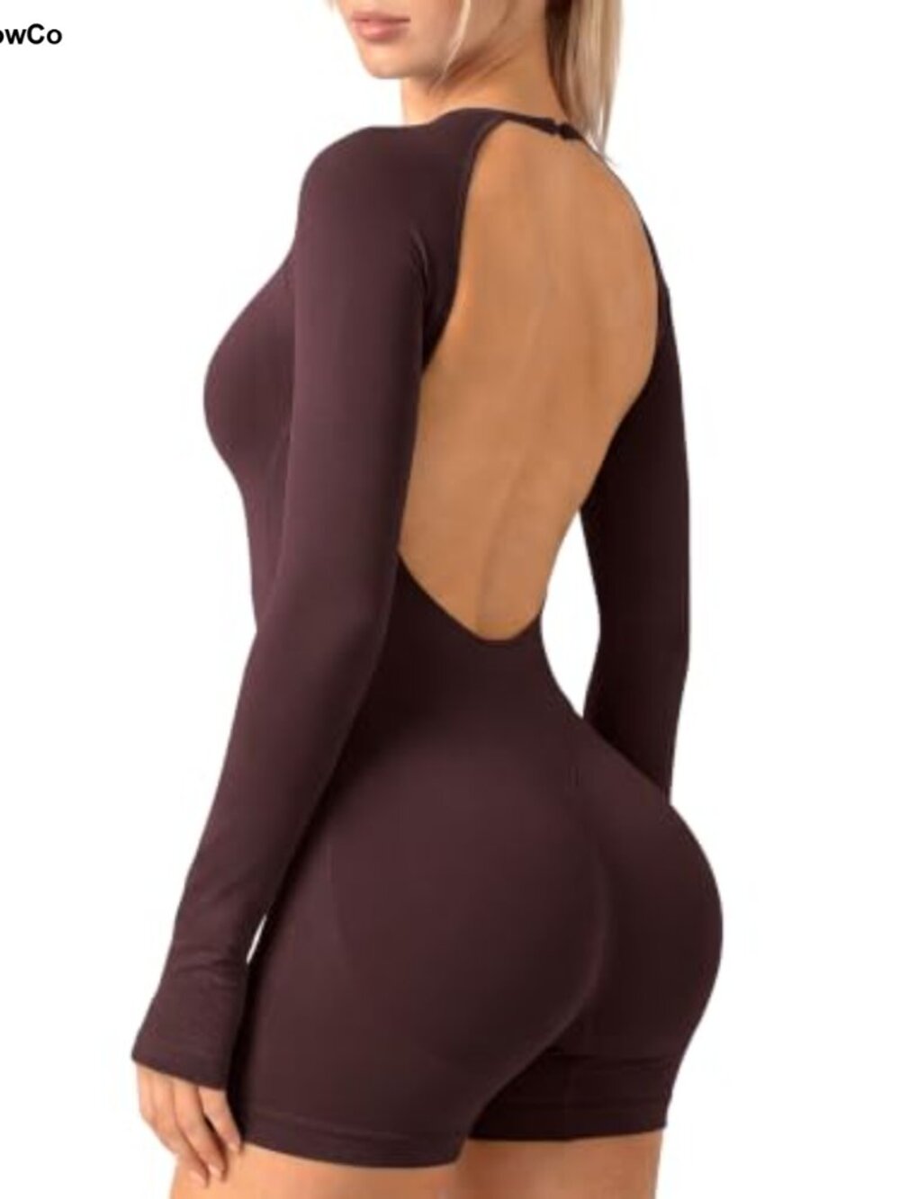 Women's Long Sleeve Open Back Workout Romper Built-In Bra Athletic Jumpsuit